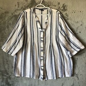 Striped Casual Blouse Size 3X‎ White Blue Roll Tab Sleeves Plus